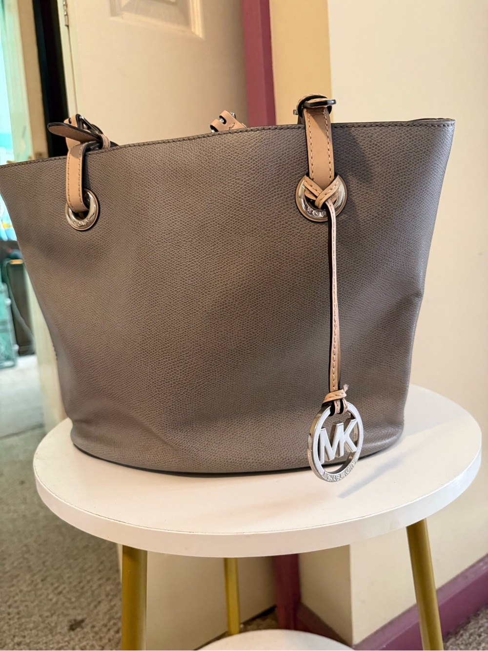 Michael Kors Taupe Pebbled Leather Tote with Tan Trim